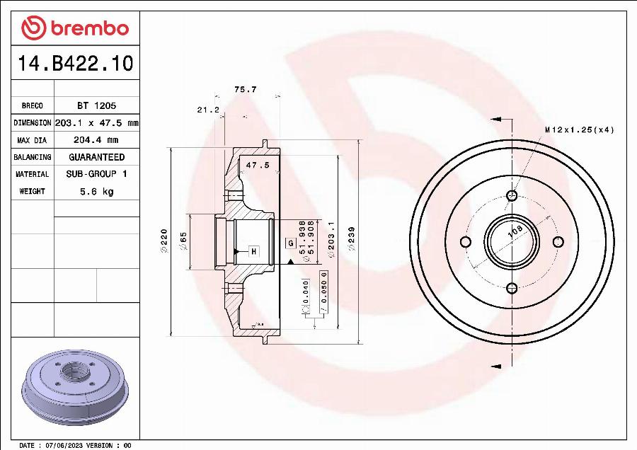 Brembo 14.B422.10 - Tambour de frein cwaw.fr