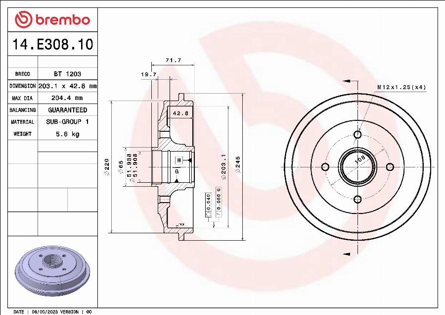 Brembo 14.E308.10 - Tambour de frein cwaw.fr