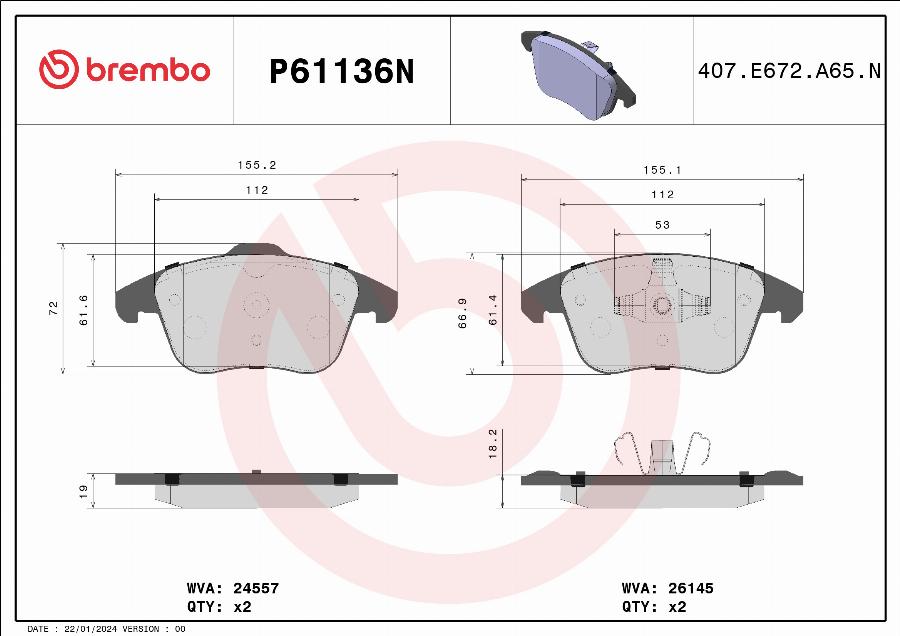 Brembo P61136N - Kit de plaquettes de frein, frein à disque cwaw.fr