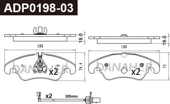 Danaher ADP0198-03 - Kit de plaquettes de frein, frein à disque cwaw.fr