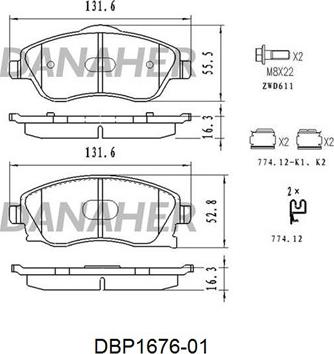 Danaher DBP1676-01 - Kit de plaquettes de frein, frein à disque cwaw.fr