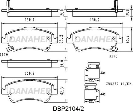 Danaher DBP2104/2 - Kit de plaquettes de frein, frein à disque cwaw.fr