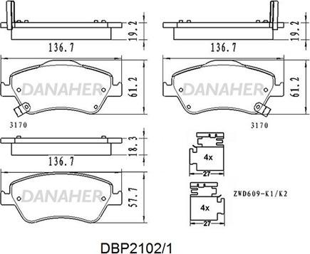 Danaher DBP2102/1 - Kit de plaquettes de frein, frein à disque cwaw.fr