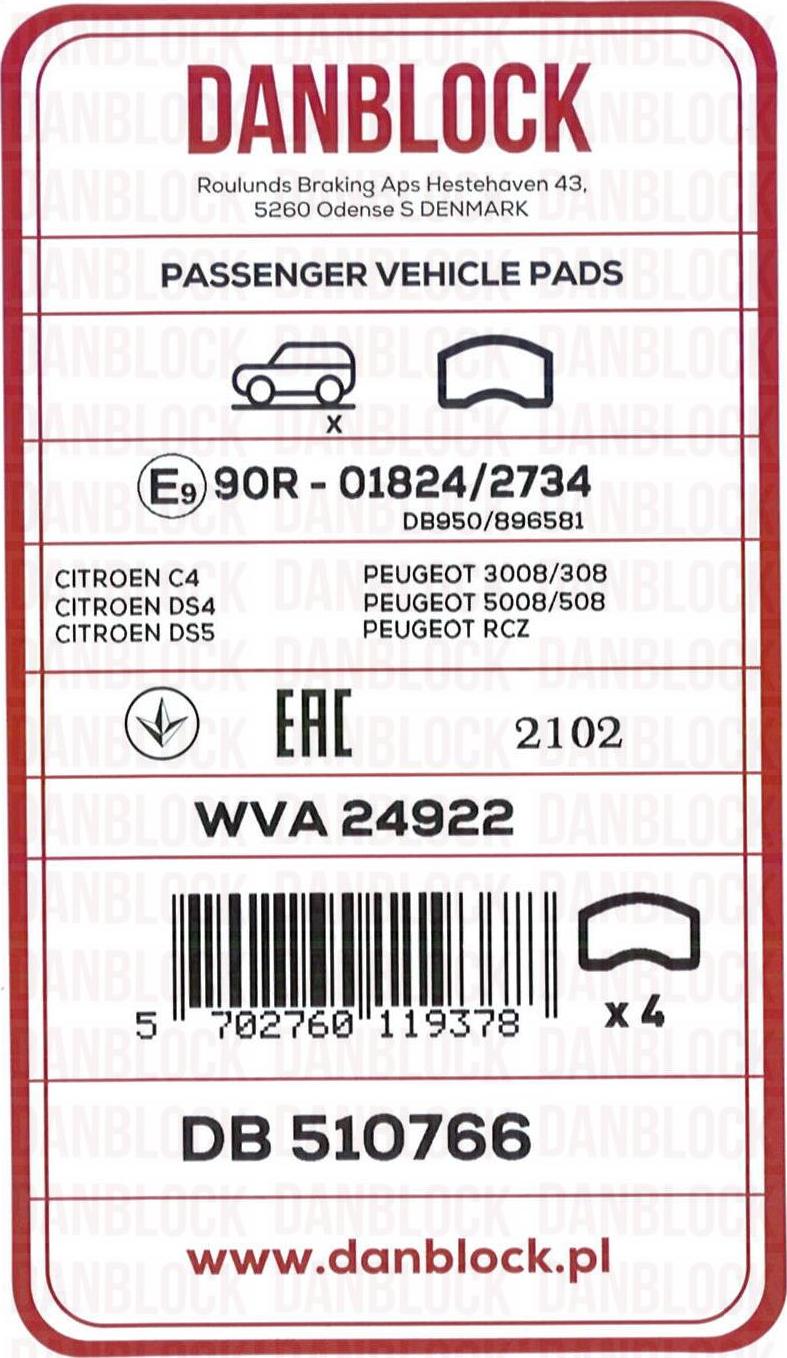 DAN-BLOCK DB 510766 - Kit de plaquettes de frein, frein à disque cwaw.fr