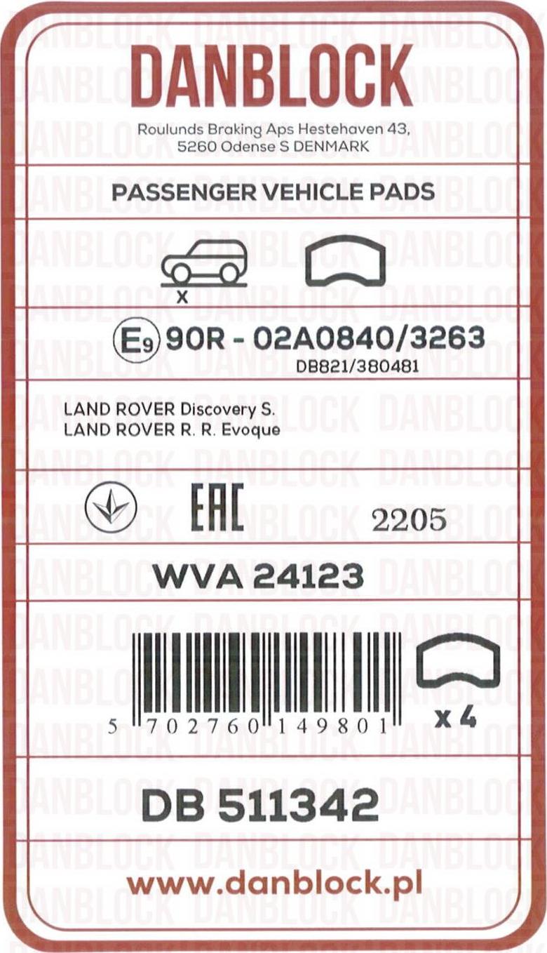 DAN-BLOCK DB 511342 - Kit de plaquettes de frein, frein à disque cwaw.fr