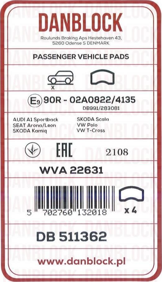 DAN-BLOCK DB 511362 - Kit de plaquettes de frein, frein à disque cwaw.fr