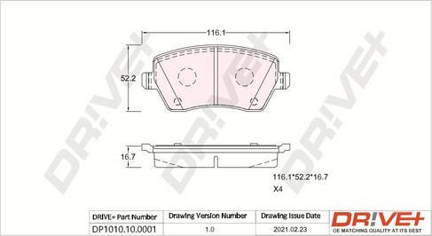 Dr!ve+ DP1010.10.0001 - Kit de plaquettes de frein, frein à disque cwaw.fr