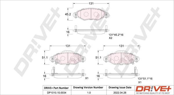 Dr!ve+ DP1010.10.0034 - Kit de plaquettes de frein, frein à disque cwaw.fr