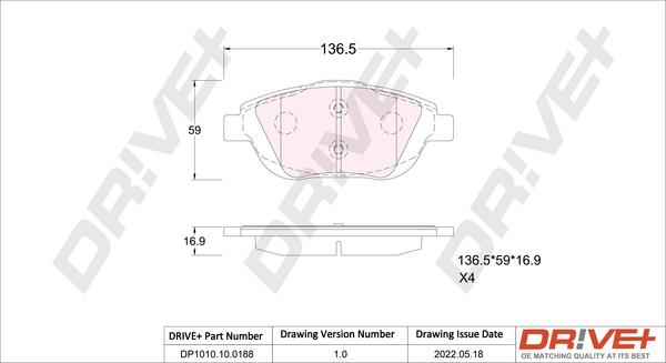 Dr!ve+ DP1010.10.0188 - Kit de plaquettes de frein, frein à disque cwaw.fr