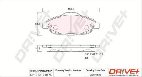 Dr!ve+ DP1010.10.0178 - Kit de plaquettes de frein, frein à disque cwaw.fr