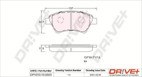 Dr!ve+ DP1010.10.0869 - Kit de plaquettes de frein, frein à disque cwaw.fr