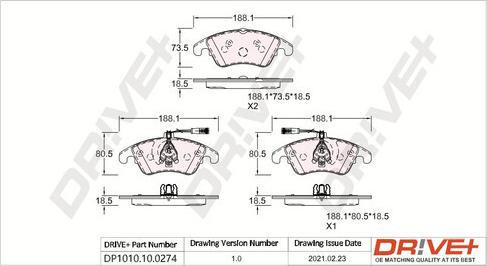 Dr!ve+ DP1010.10.0274 - Kit de plaquettes de frein, frein à disque cwaw.fr