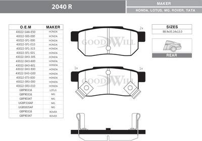 GoodWill 2040 R - Kit de plaquettes de frein, frein à disque cwaw.fr