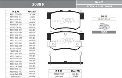 GoodWill 2038 R - Kit de plaquettes de frein, frein à disque cwaw.fr