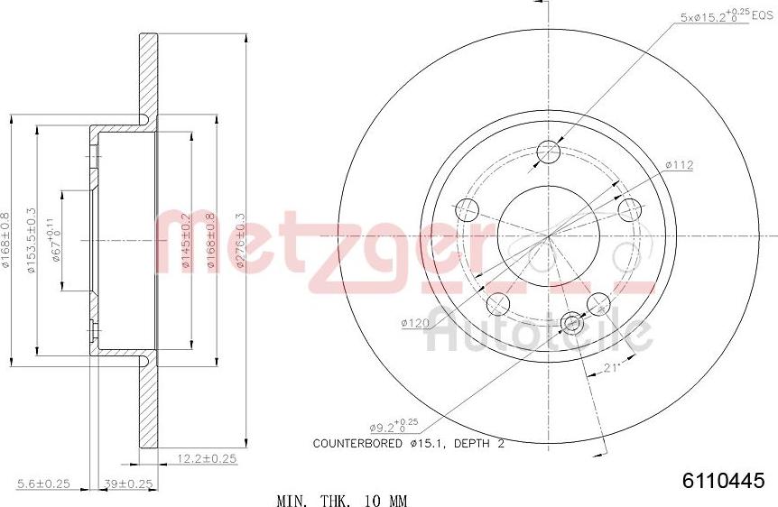 Metzger 6110445 - Disque de frein cwaw.fr