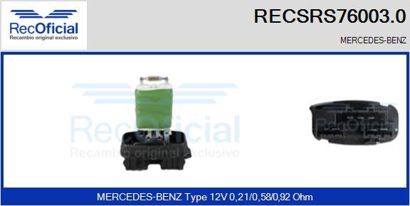 RECOFICIAL RECSRS76003.0 - Résistance, pulseur d'air habitacle cwaw.fr