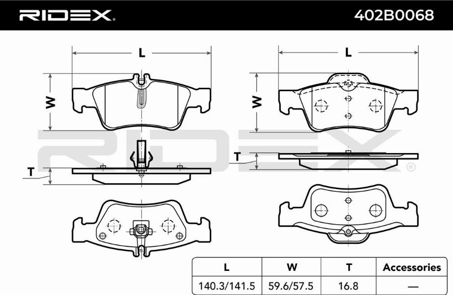 RIDEX 402B0068 - Kit de plaquettes de frein, frein à disque cwaw.fr