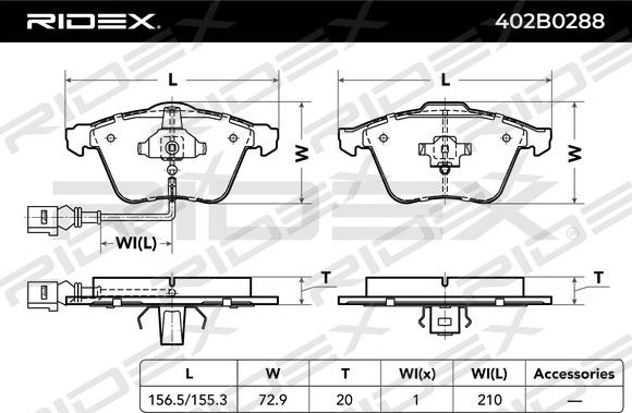 RIDEX 402B0288 - Kit de plaquettes de frein, frein à disque cwaw.fr