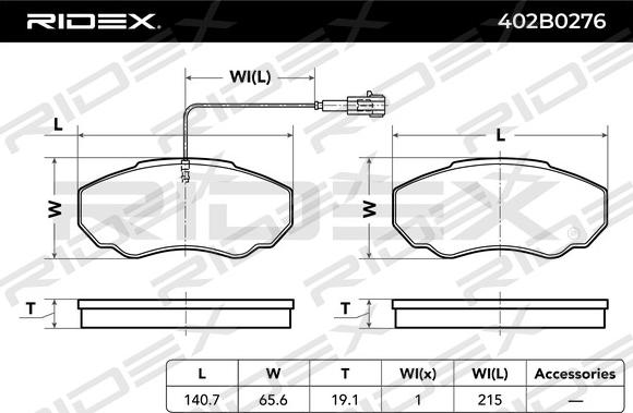 RIDEX 402B0276 - Kit de plaquettes de frein, frein à disque cwaw.fr