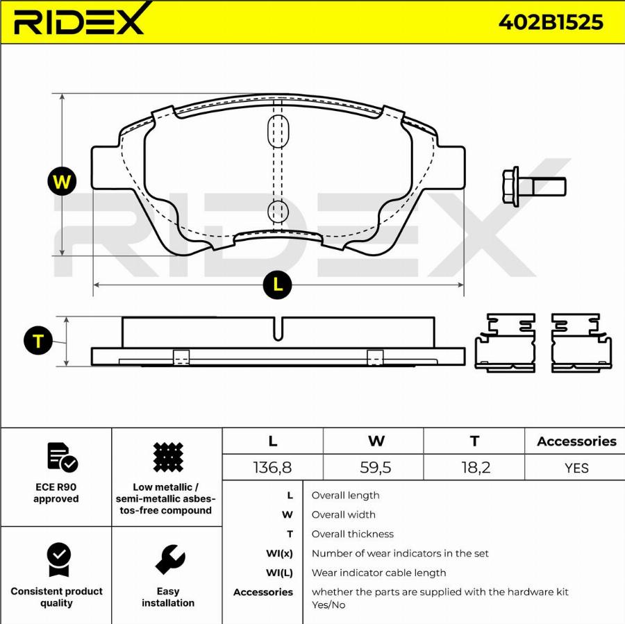 RIDEX 402B1525 - Kit de plaquettes de frein, frein à disque cwaw.fr