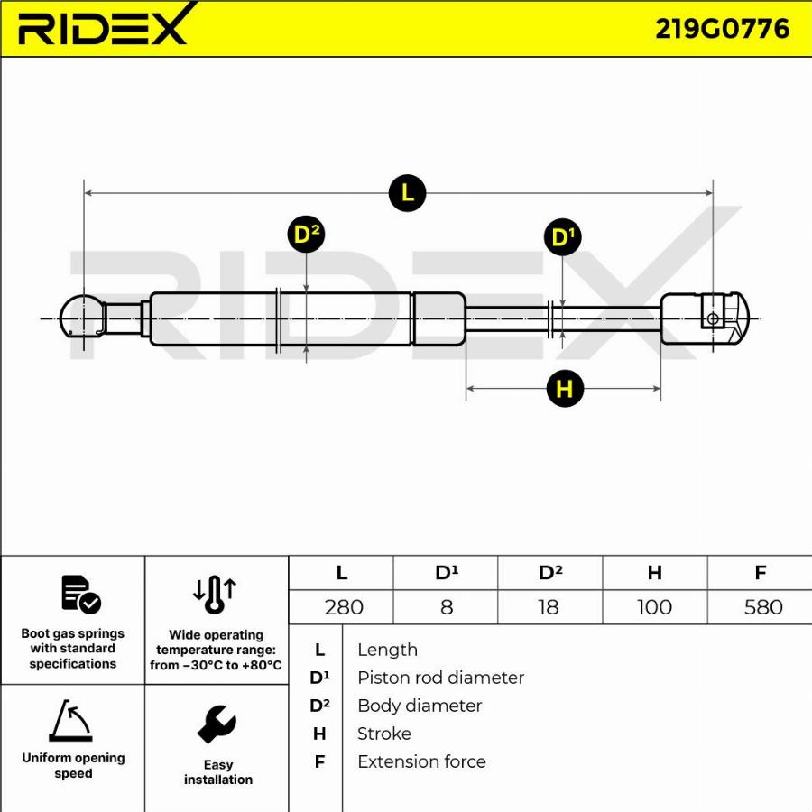 RIDEX 219G0776 - Vérin de hayon, de coffre cwaw.fr