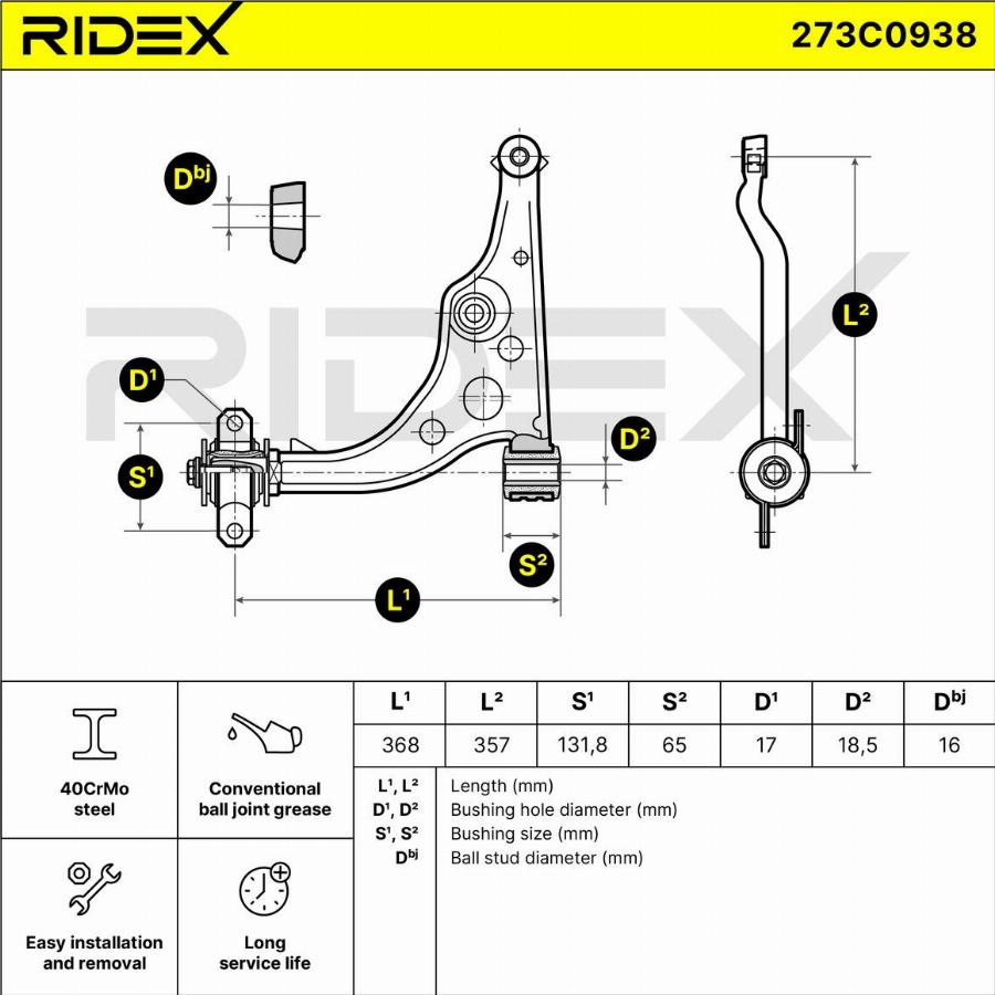 RIDEX 273C0938 - Bras de liaison, suspension de roue cwaw.fr