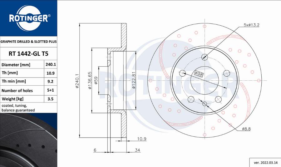 Rotinger RT 1442-GL T5 - Disque de frein cwaw.fr