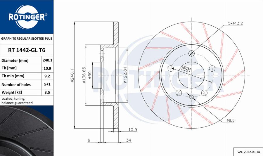 Rotinger RT 1442-GL T6 - Disque de frein cwaw.fr