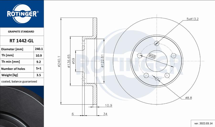 Rotinger RT 1442-GL - Disque de frein cwaw.fr