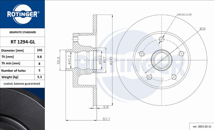 Rotinger RT 1294-GL - Disque de frein cwaw.fr