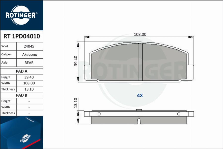 Rotinger RT 1PD04010 - Kit de plaquettes de frein, frein à disque cwaw.fr