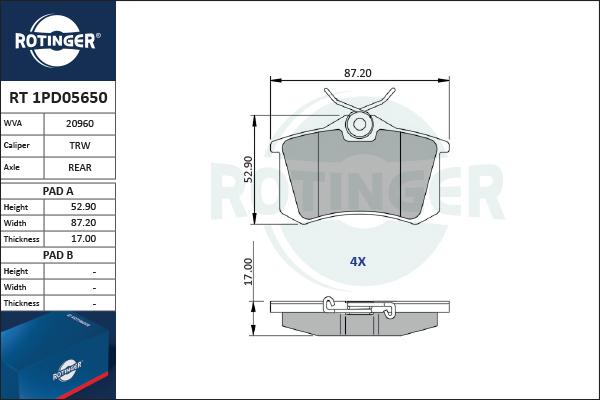 Rotinger RT 1PD05650 - Kit de plaquettes de frein, frein à disque cwaw.fr