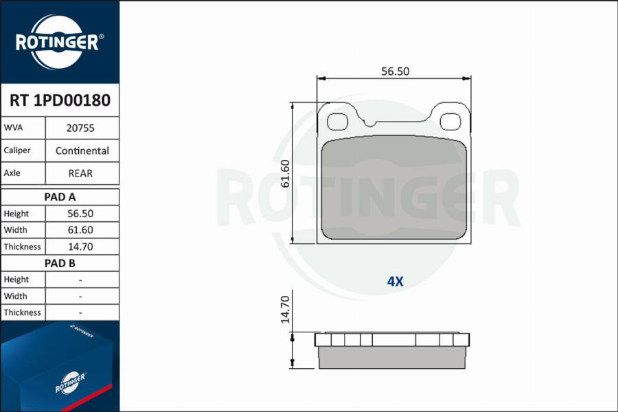 Rotinger RT 1PD00180 - Kit de plaquettes de frein, frein à disque cwaw.fr