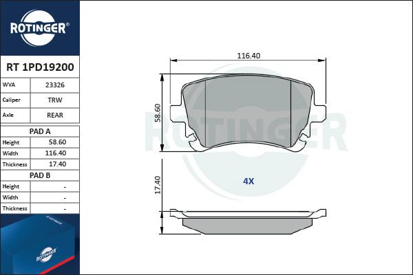 Rotinger RT 1PD19200 - Kit de plaquettes de frein, frein à disque cwaw.fr