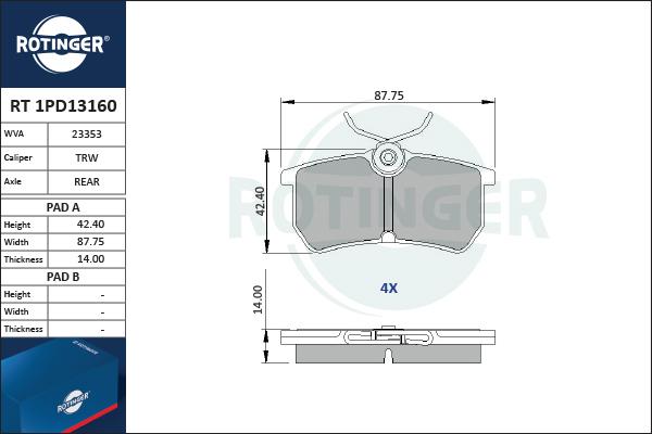 Rotinger RT 1PD13160 - Kit de plaquettes de frein, frein à disque cwaw.fr