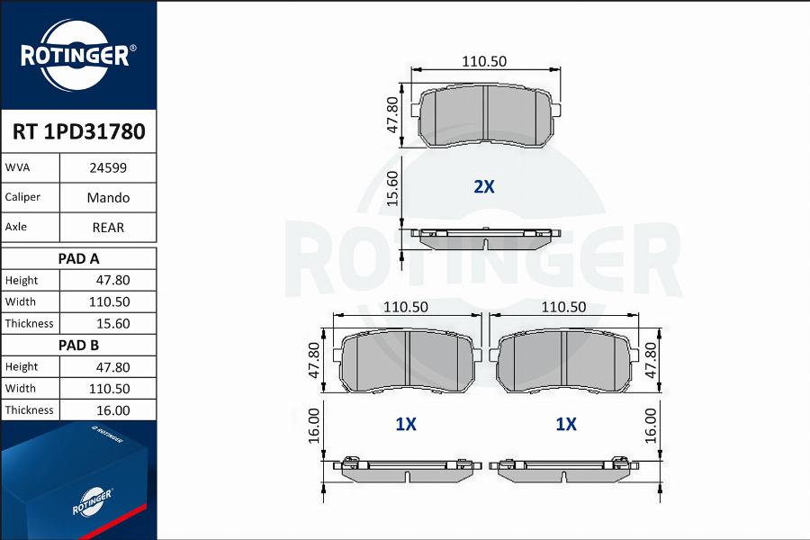 Rotinger RT 1PD31780 - Kit de plaquettes de frein, frein à disque cwaw.fr