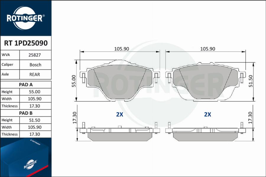 Rotinger RT 1PD25090 - Kit de plaquettes de frein, frein à disque cwaw.fr