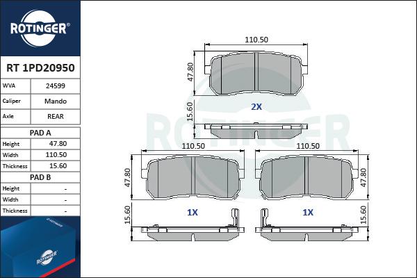 Rotinger RT 1PD20950 - Kit de plaquettes de frein, frein à disque cwaw.fr