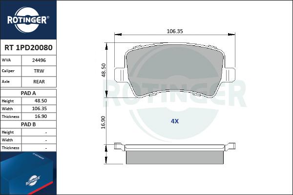 Rotinger RT 1PD20080 - Kit de plaquettes de frein, frein à disque cwaw.fr