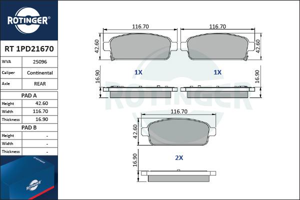 Rotinger RT 1PD21670 - Kit de plaquettes de frein, frein à disque cwaw.fr