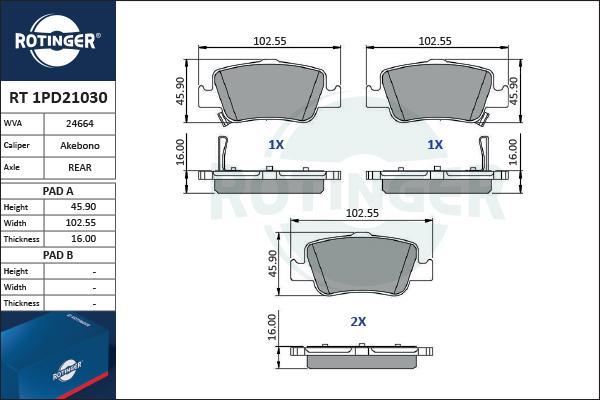 Rotinger RT 1PD21030 - Kit de plaquettes de frein, frein à disque cwaw.fr