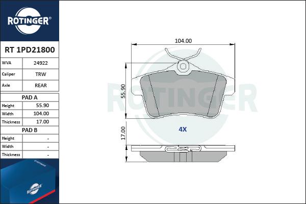 Rotinger RT 1PD21800 - Kit de plaquettes de frein, frein à disque cwaw.fr