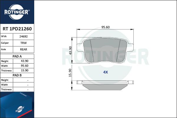 Rotinger RT 1PD21260 - Kit de plaquettes de frein, frein à disque cwaw.fr