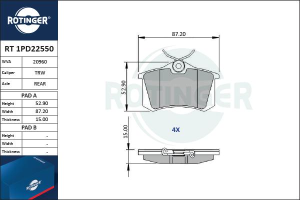 Rotinger RT 1PD22550 - Kit de plaquettes de frein, frein à disque cwaw.fr