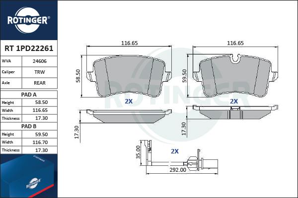 Rotinger RT 1PD22261 - Kit de plaquettes de frein, frein à disque cwaw.fr