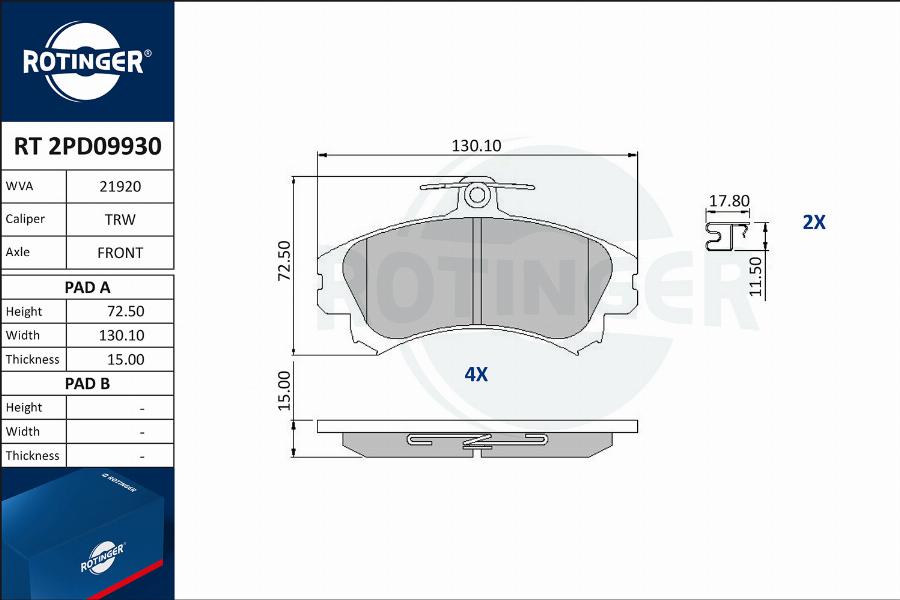 Rotinger RT 2PD09930 - Kit de plaquettes de frein, frein à disque cwaw.fr