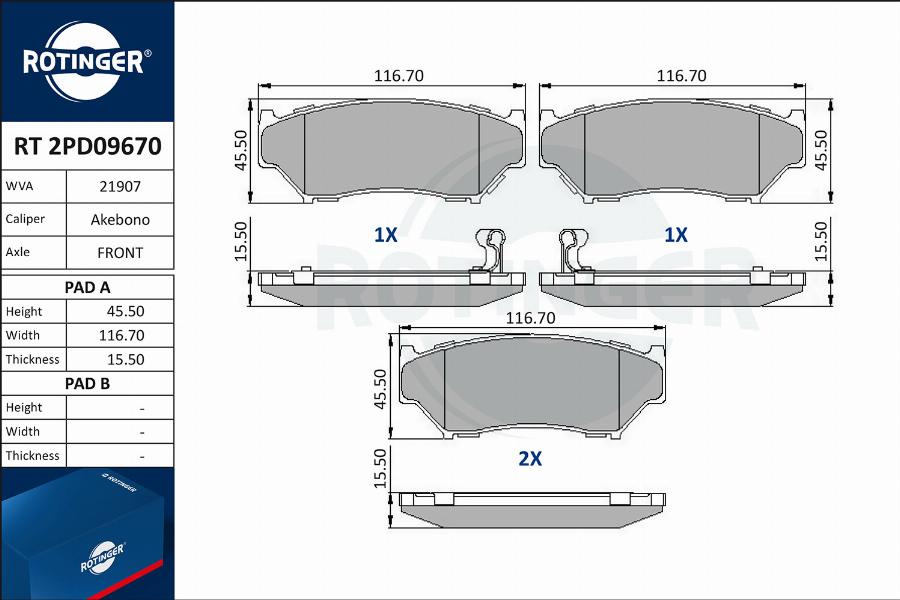 Rotinger RT 2PD09670 - Kit de plaquettes de frein, frein à disque cwaw.fr