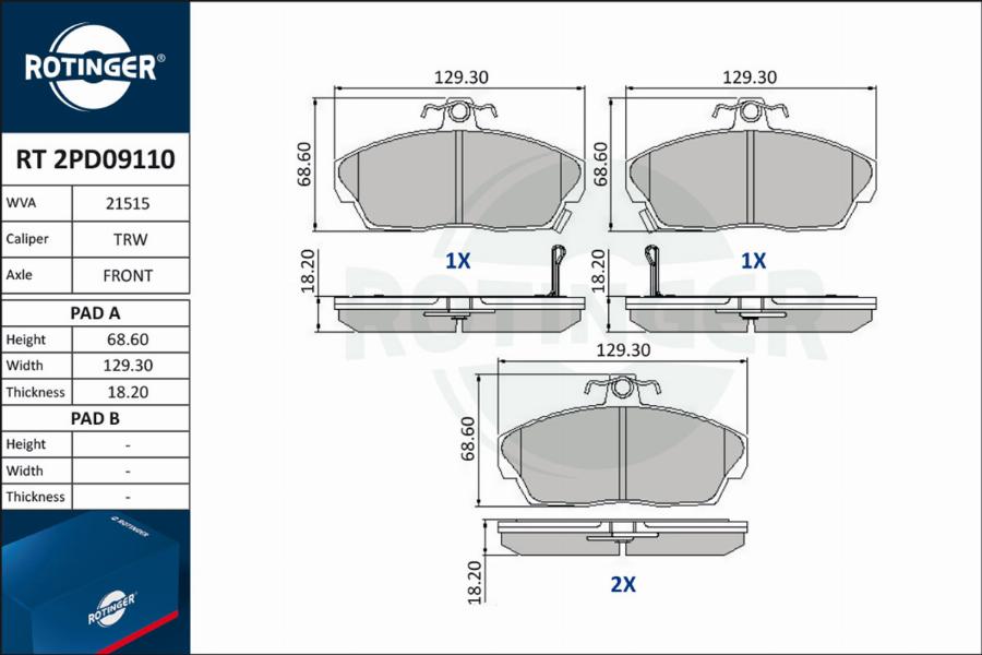 Rotinger RT 2PD09110 - Kit de plaquettes de frein, frein à disque cwaw.fr