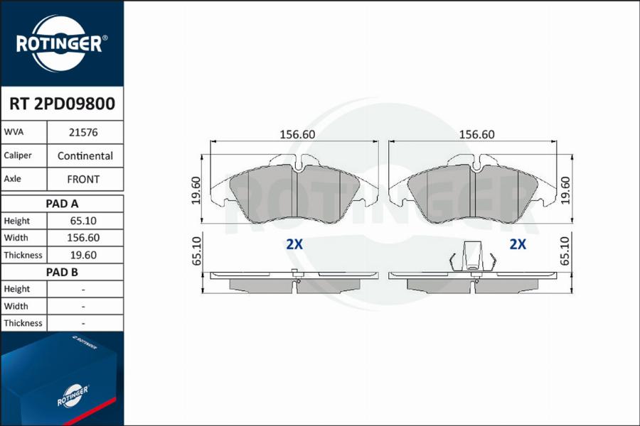 Rotinger RT 2PD09800 - Kit de plaquettes de frein, frein à disque cwaw.fr