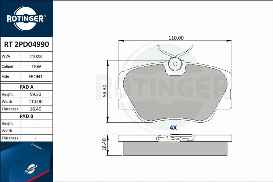 Rotinger RT 2PD04990 - Kit de plaquettes de frein, frein à disque cwaw.fr